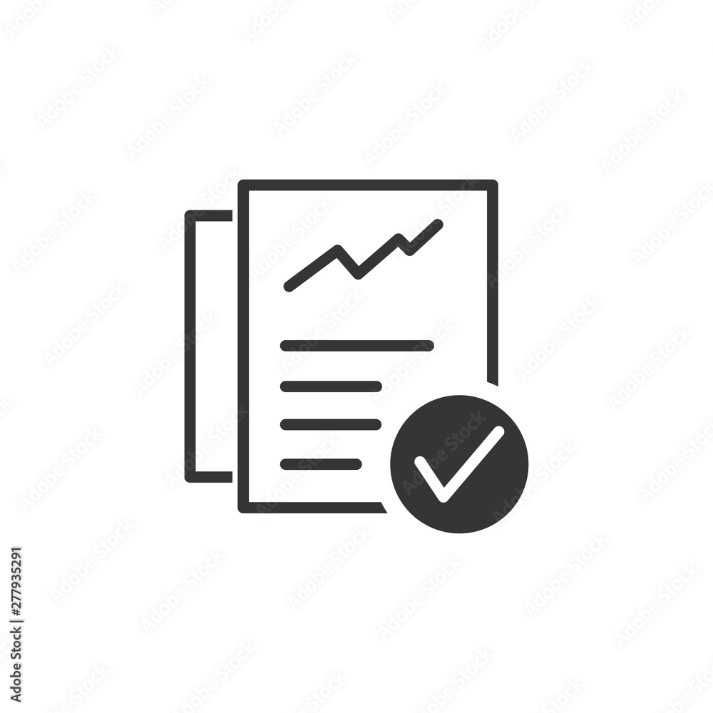 Poster Document like auditing. Scrutiny, annual verification, info. flat style quality sign or success proven symbol vector sign isolated on white background illustration for graphic and web design.