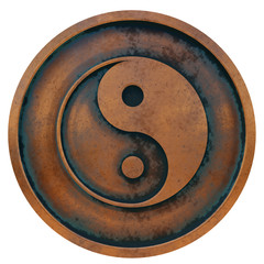 Taoism symbol on the copper metal coin 3D rendering