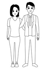 Young adult couple greeting cartoon in black and white
