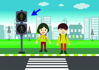 traffic education. traffic rules for children. Traffic signs. footbridge. children using pedestrian crossing.