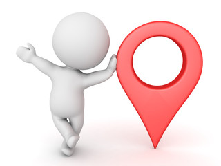 3D Character leaning on red location pin