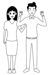 Young adult couple greeting cartoon in black and white