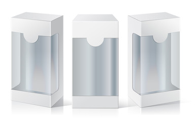 Carton Or Plastic Blank Package Box with a transparent plastic window. Illustration Isolated On White Background. Ready For Your Design. Product Packing Vector.