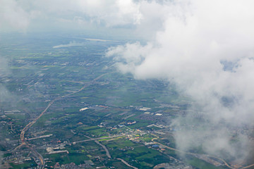 Fototapeta premium High angle top view on plane,Chao Phraya River Thailand's major rivers Bangkok Thailand capital, At evening at 4 o'clock,Tropical zone asia.