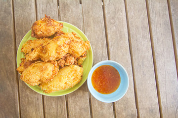 The sauce chicken,On a brown wood table,In Phuket Thailand