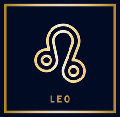 Zodiac sign Leo. Horoscope. Isolated golden symbol on a blue background with a golden inscription. Vector illustration