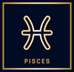 Zodiac sign Pisces. Horoscope. Isolated golden symbol on a blue background with a golden inscription. Vector illustration