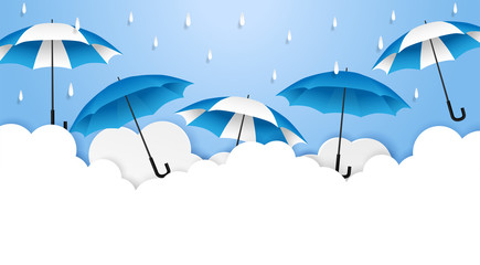 Monsoon, Rainy Season sale background . Cloud rain and umbrella  on blue sky. vector.
