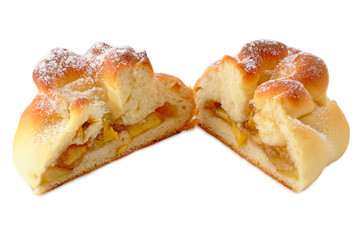 Tasty  dessert cut in half. Delicious pastries with fruit jam on light background. apples, pear. Isolated on white background