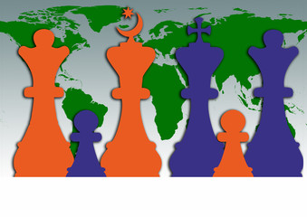The conflict of religions in the form of chess pieces on the background of the world map.