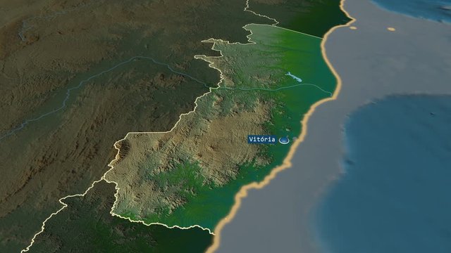 Espirito Santo - state of Brazil with its capital zoomed on the physical map of the globe. Animation 3D