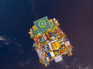 Offshore oil rig Installation of equipment sea, aerial top view