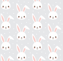 Cute bunny pattern. Cartoon rabbit head and dots. Vector seamless background for baby, child.