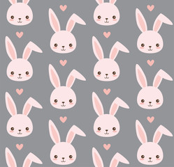 Cute bunny pattern. Rabbit head vector seamless background. Bunny face with hearts. Valentine's day. 