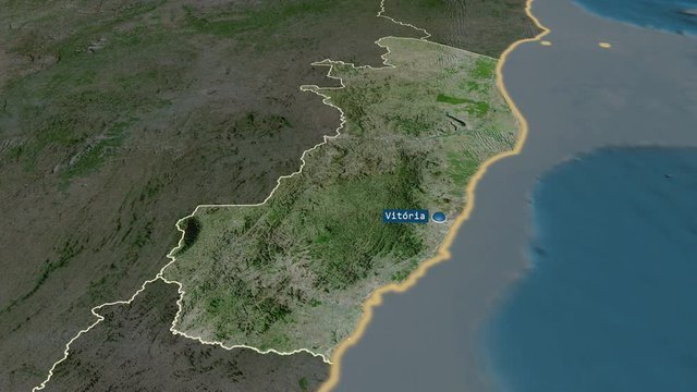 Espirito Santo - state of Brazil with its capital zoomed on the satellite map of the globe. Animation 3D