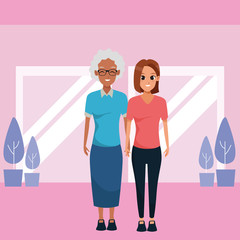 Mother and adult daughter together cartoon