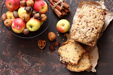 Honey cake with pecans , cinnamon , apples