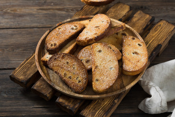 Crackers with raisins and sugar. Rustic style