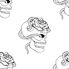 Vector hand drawn seamless pattern illustration of skull Print horror for t shirt. Mexican style, day of the dead, halloween.