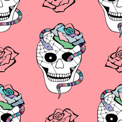 Vector hand drawn seamless pattern illustration of skull Print horror for t shirt. Mexican style, day of the dead, halloween.