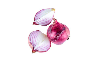 Fresh cut red onion on white background, top view. Organic food background.