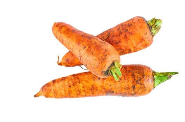 Three fresh carrot isolated on white background. The view from the top. Organic food background.