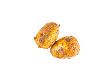 Fresh white potatoes isolated on white background. The view from the top. Organic food background.