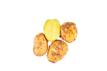 Fresh white potatoes isolated on white background. The view from the top. Organic food background.