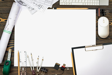 Architectural plans, pencil and ruler on the table. Place for your text
