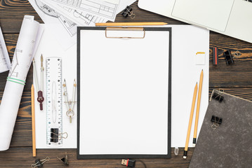 Architectural plans, pencil and ruler on the table. Place for your text