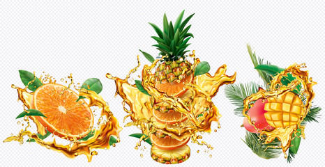 Pineapple, Orange and Mango in splashes of juice