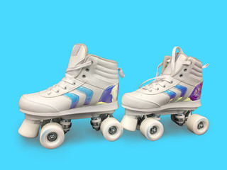 Woman with vintage roller skates on color background, closeup. Space for text. Rollers for dancing. Retro.