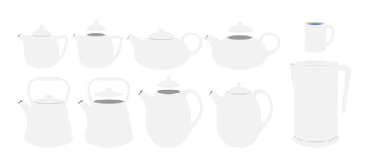 White teapots set. Vector flat kettels illustration.
