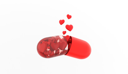 Love pill. Love tablet. Сapsule with hearts is dissolved on white background. 3D rendering.