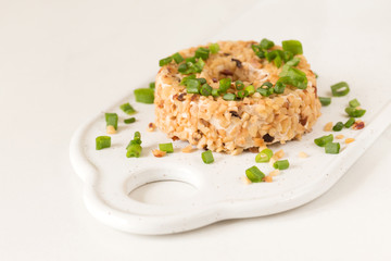 Cream cheese with green onion and herbs, dip sauce. Breakfast.
