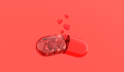 Love pill. Love tablet. Сapsule with hearts is dissolved on red background. 3D rendering.