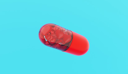 Love pill. Love tablet. Сapsule with hearts on blue background. 3D rendering.