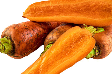 Fresh sliced carrots on white background. Background of organic food.