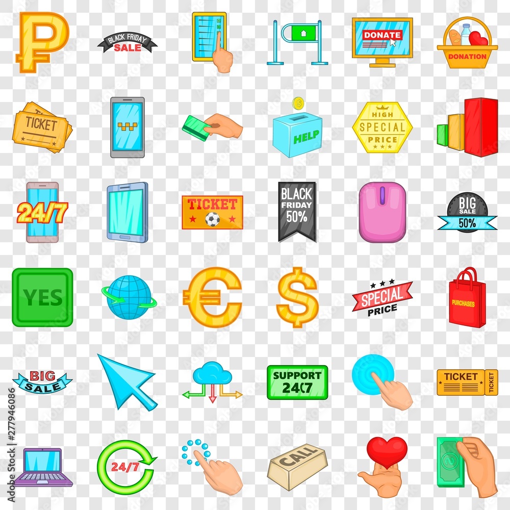 Poster touching button icons set. cartoon style of 36 touching button vector icons for web for any design