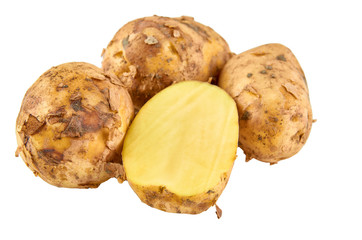 Fresh white potatoes isolated on white background. Background of organic food.