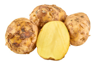 Fresh white potatoes isolated on white background. Background of organic food.