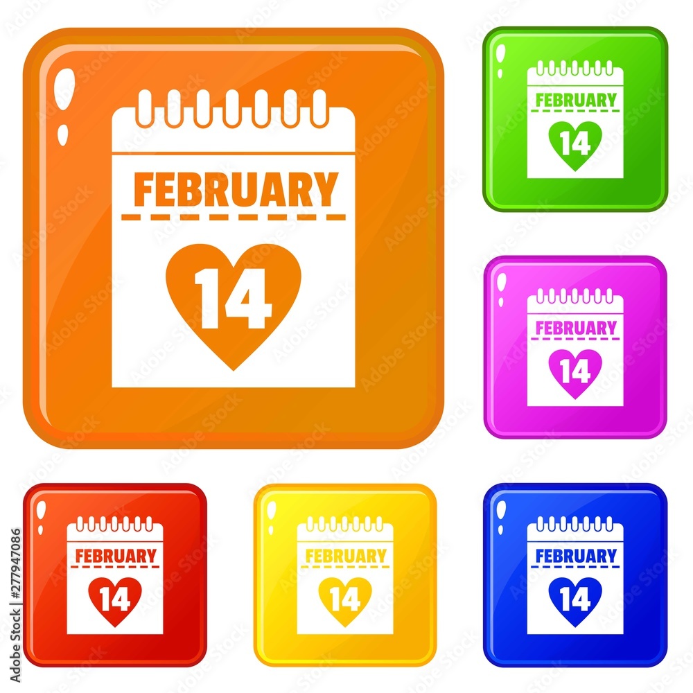 Poster valentines day calendar icons set collection vector 6 color isolated on white background