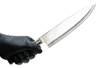 Hand in black rubber glove with big sharp knive, crime concept. Arm in black latex glove closeup isolated on white background.