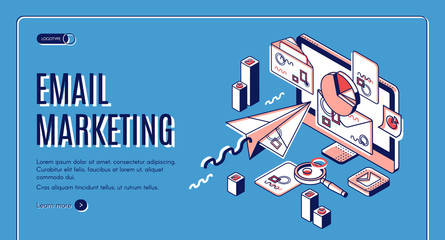 Email marketing landing page. Electronic mail messages automation business strategy, outbound newsletter campaign, spammer computer services. Isometric 3d vector illustration, web banner, line art