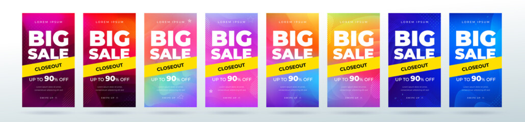 Set of dynamic modern fluid sale banners for social media stories sale, web page, mobile phone. Sale banner template design special offer set.