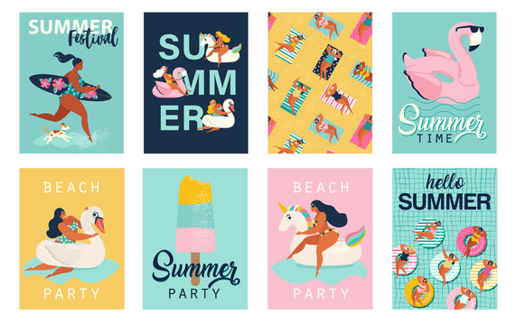 Summer party. Hello summer posters in vector. Cute Retro posters set.