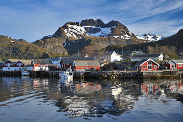 Red houses of fishermen on the Lofoten Islands in the north of Norway.