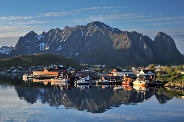 Red houses of fishermen on the Lofoten Islands in the north of Norway.