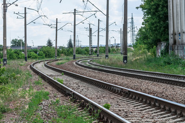 Fototapeta na wymiar Rails and cross ties.Railway road,concept, close-up