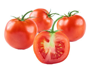 Fresh sliced tomatoes isolated on white background. Background of organic food.